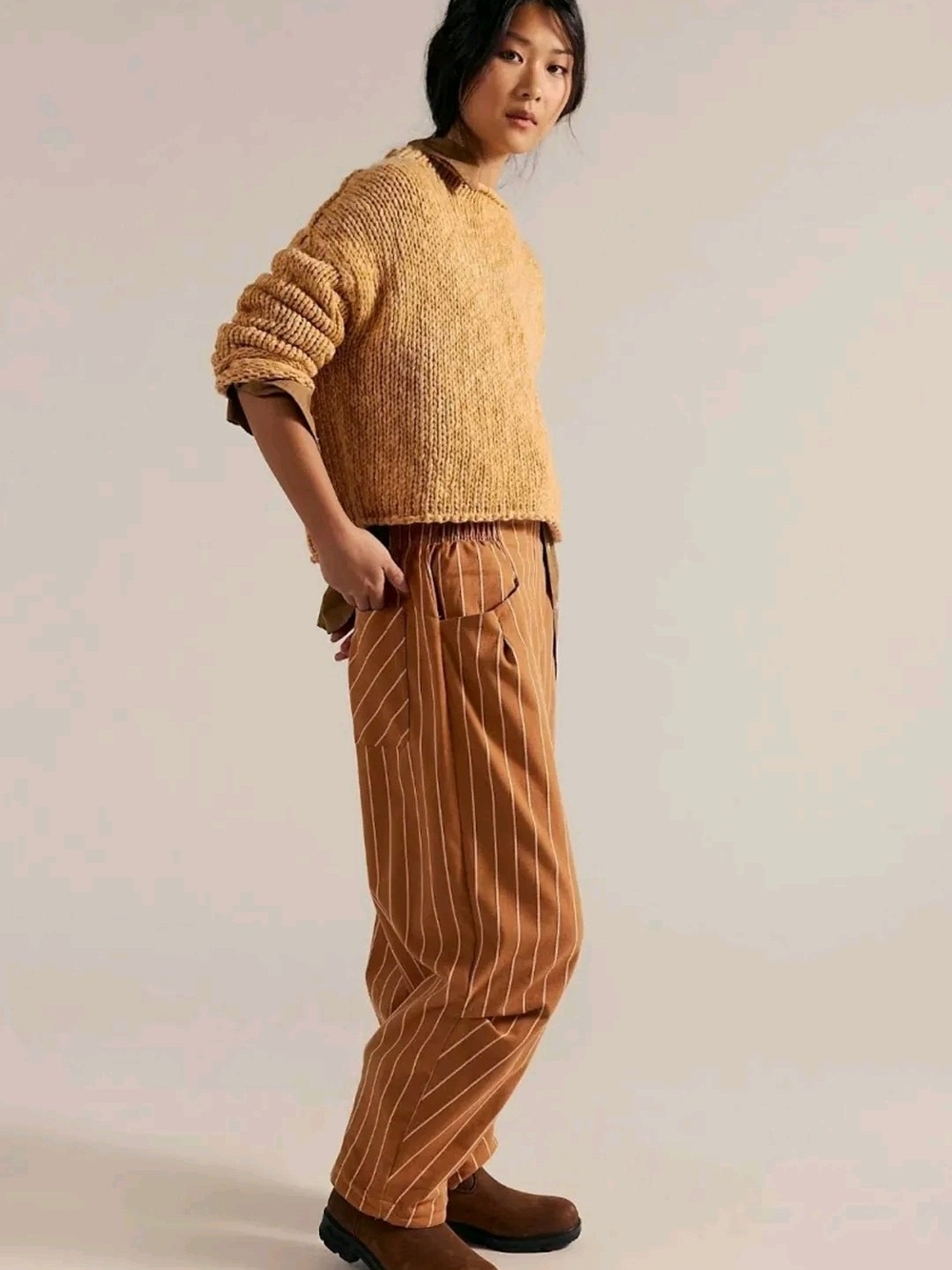 Free People Nice Choice Pull On Carmel Tan Pinstripe Relaxed Trousers